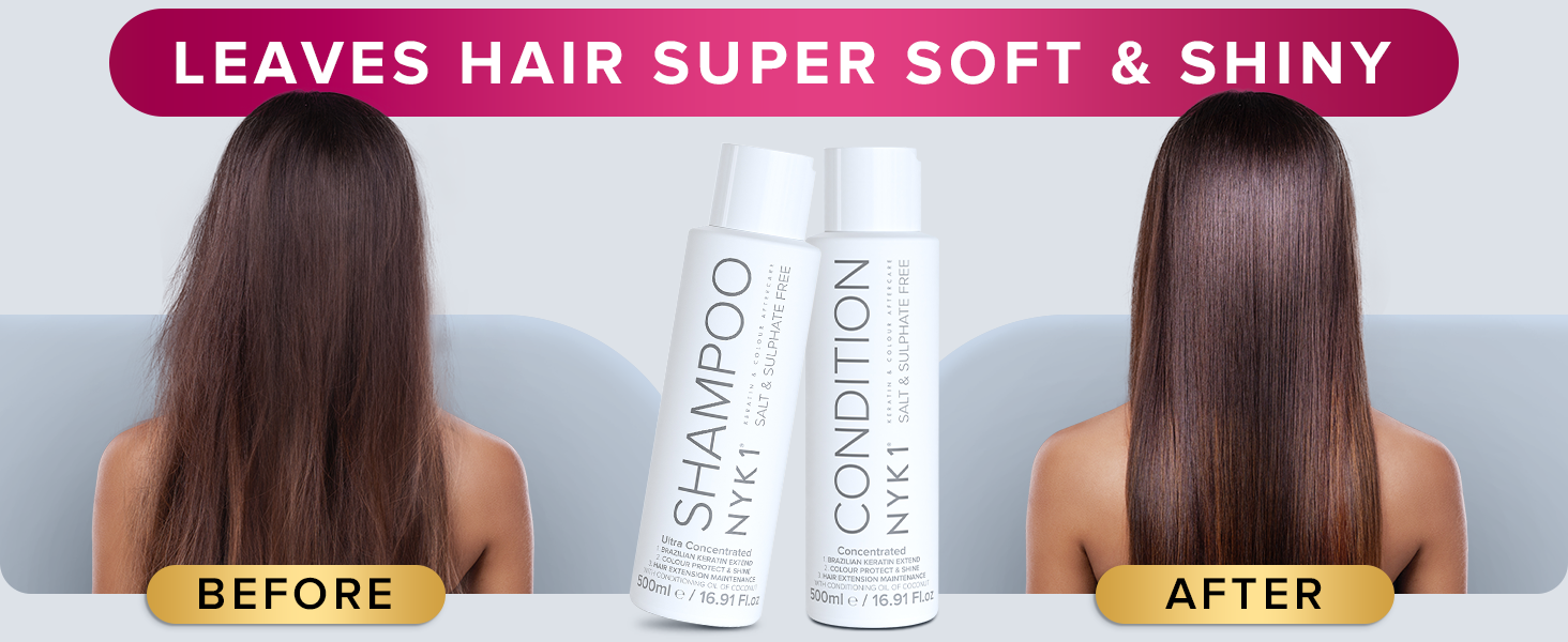 Text reads 'LEAVES HAIR SUPER SOFT & SHINY' with 'BEFORE' and 'AFTER' labels. Shows hair transformation from regular to sleek, shiny appearance.
