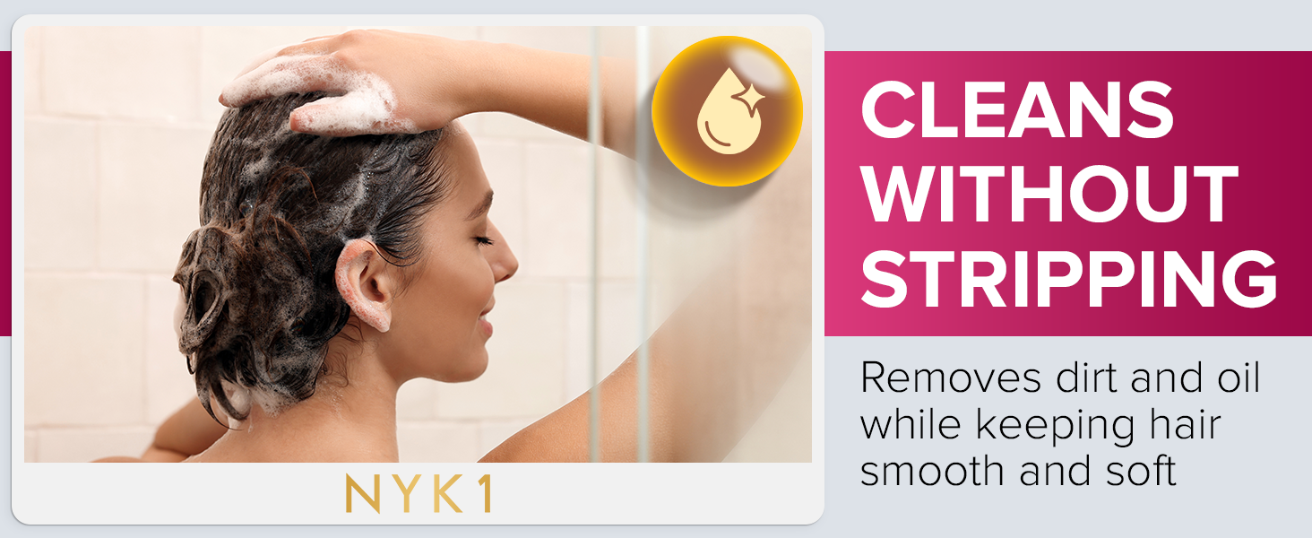 Text reads 'CLEANS' 'WITHOUT' 'STRIPPING'. Beauty product advertisement showing hair care application process with pink text overlays.
