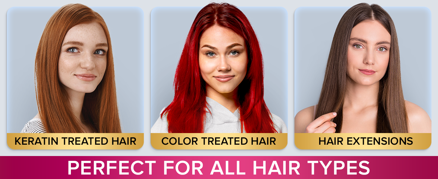Hair care product marketing display showing different hair treatment results.