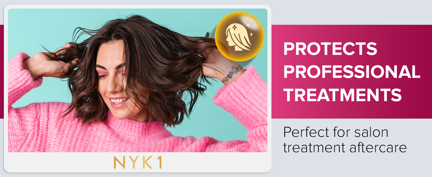 Text reads: 'PROTECTS', 'TREATMENTS', 'NYX1'. Beauty or healthcare product advertisement banner with teal and pink color schemes.